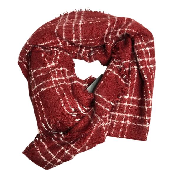 NWT Renee’s NYC Accessories Deep Red and White Plaid Fringe Hem Scarf - Picture 1 of 4
